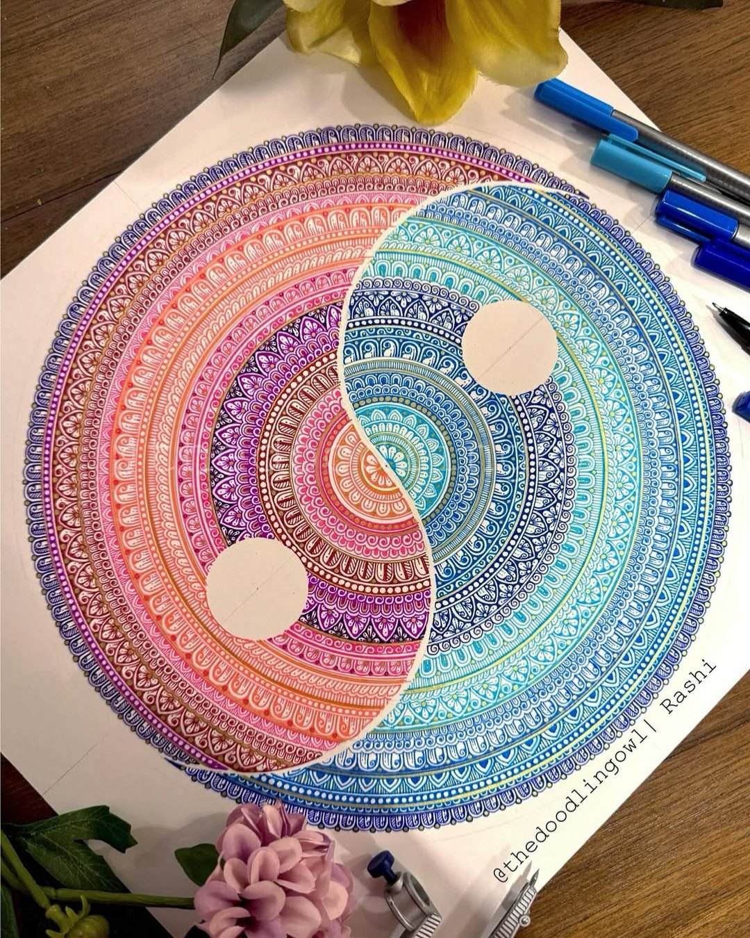 🌗🎨 Two moods, one beautiful mandala 🎨🌗

This stunning artwork by @thedoodlingowl feels like a perfect balance between warm and cool, calm and energy. One half glows with sunset pinks and purples, while the other flows with ocean blues and teals — meeting in the center in a peaceful, powerful harmony. ✨

What makes this piece so special:

1️⃣ Color contrast — warm vs cool tones create a beautiful visual balance
2️⃣ Intricate linework — every ring is filled with tiny, mindful details
3️⃣ Yin–yang feeling — two worlds blending into one calm design
4️⃣ Soothing symmetry — the circular pattern feels grounding and meditative
5️⃣ A moment of flow — art that invites you to slow down and breathe

Art by: @thedoodlingowl 💛

#MandalaArt #DoodleArtist #ColorHarmony #MindfulDrawing #CreativeCalm #PatternArt #DoodleInspiration #ArtForRelaxation #InkAndColor #SlowArt