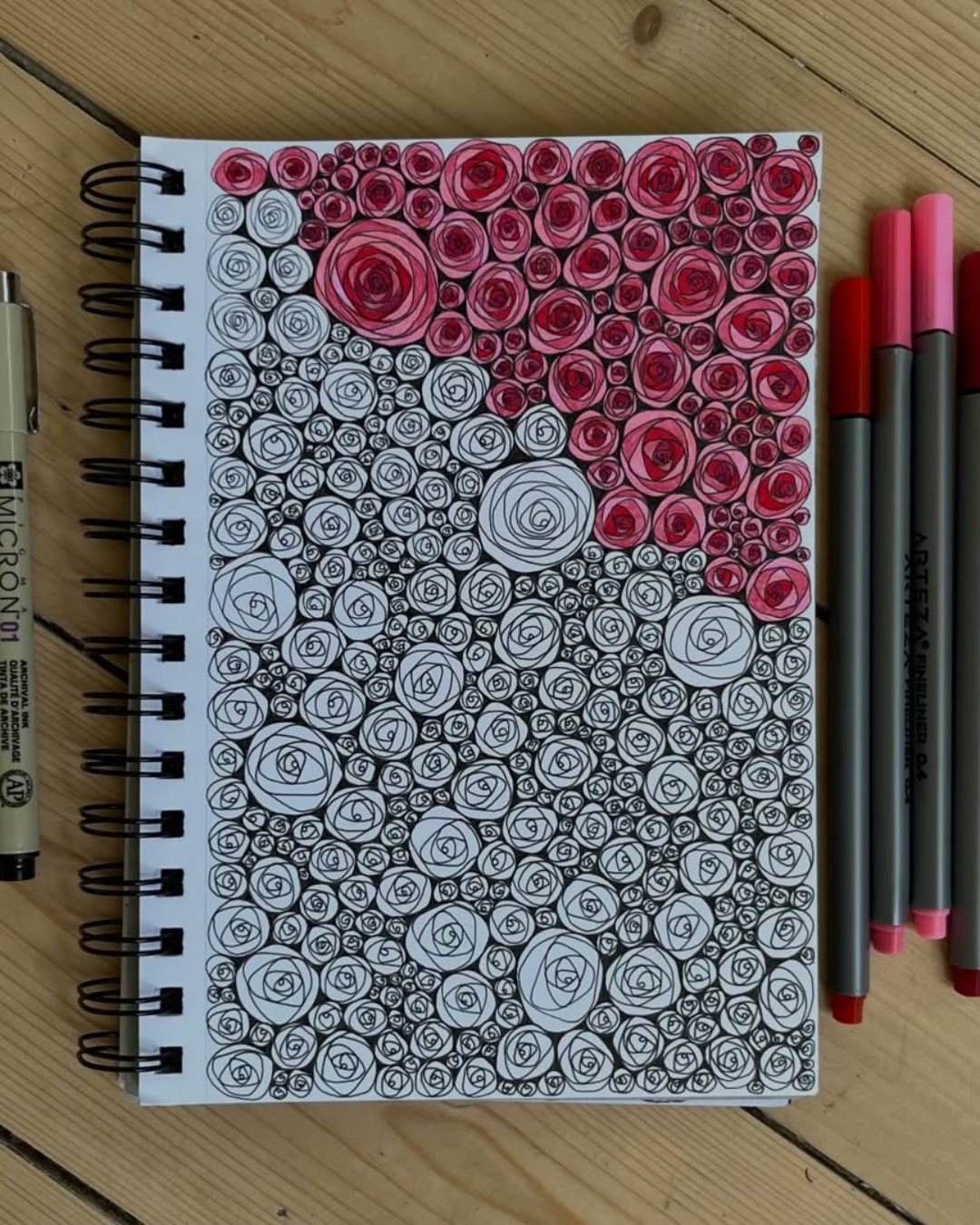 🌹✨ A Sea of Roses, One Line at a Time ✨🌹
This beautiful piece by @asebalko captures the magic of repetition and patience. Tiny spiral roses gradually fill the page, creating a calming rhythm where simple shapes transform into a richly textured floral landscape. The subtle pop of red adds depth and draws the eye, turning minimal line work into a striking visual story. 🖊️
Why this artwork stands out:
1️⃣ Repetitive rose motifs — soothing and meditative
2️⃣ Gradual color build-up — gentle visual contrast
3️⃣ Dense pattern composition — rich texture and flow
4️⃣ Simple spiral technique — beginner-friendly inspiration
5️⃣ Mindful process — calm focus through repetition
Art by: @asebalko 🤍
#RoseDoodle #FloralPattern #InkDrawing #PatternArt #MindfulArt #SketchbookPractice #DoodleInspiration #SlowArt #CreativeFlow