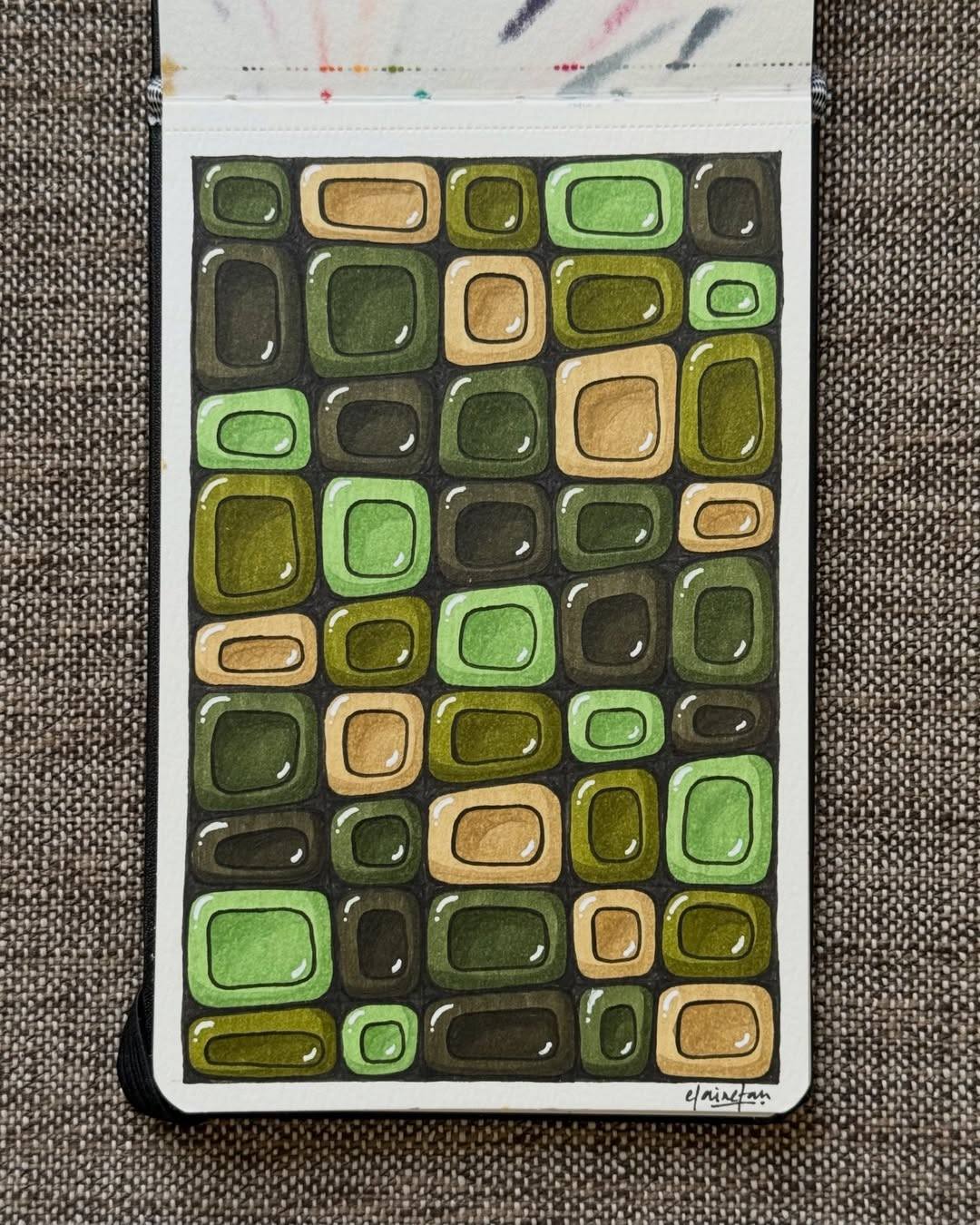 🌿✨ Retro Shapes, Organic Rhythm ✨🌿

This captivating piece by @natenialeart transforms simple rounded rectangles into a beautifully balanced abstract composition. Layers of earthy greens, olive tones, and soft beige create a calming palette, while glossy highlights give each shape a polished, almost glass-like appearance. The structured grid feels orderly, yet the varied sizes and colors keep the artwork playful and full of movement. 🎨

Why this artwork stands out:

1️⃣ Earth-inspired palette — soothing greens and natural tones
2️⃣ Glossy highlights — creates depth and dimension
3️⃣ Geometric repetition — satisfying visual harmony
4️⃣ Varied shape sizes — keeps the composition dynamic
5️⃣ Modern abstract feel — simple forms with strong impact

Art by: @natenialeart 🤍

#AbstractArt #GeometricArt #PatternArt #WatercolorArt #SketchbookArt #CreativePatterns #ModernDoodle #ArtInspiration #VisualRhythm #ContemporaryArt #ColorStudy #MixedMediaArt #ArtistCommunity #DailyArt #DrawingInspiration