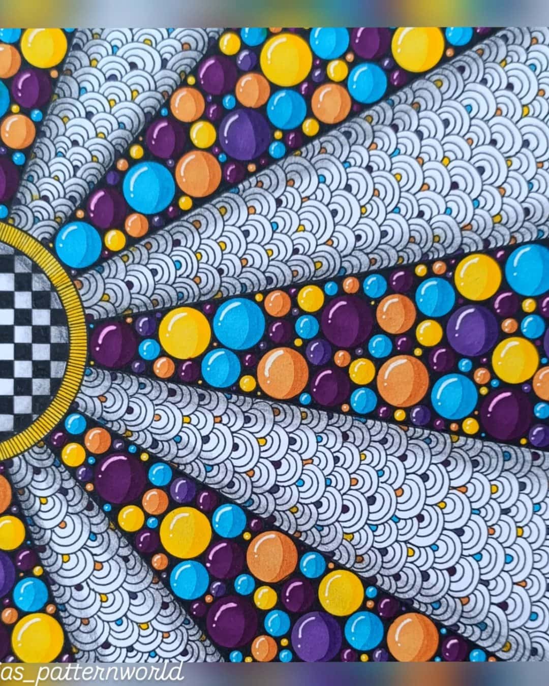🌈✨ Bursting with Color and Rhythm ✨🌈

This vibrant artwork by @tanjas_patternworld is a joyful fusion of bold color, playful geometry, and mesmerizing pattern work. Radiating bands of shimmering scallop textures flow outward from a striking checkerboard focal point, while clusters of colorful bubbles create an energetic contrast that brings the entire composition to life. Every section is carefully balanced, making the artwork feel both dynamic and harmonious. 🎨

The combination of structured patterns, vivid colors, and repeating shapes creates a captivating visual journey that keeps the eye moving across the page.

Why this artwork stands out:

1️⃣ Dynamic radial composition — draws the eye through the entire design
2️⃣ Vibrant bubble patterns — bold colors add energy and depth
3️⃣ Intricate scallop textures — beautifully detailed and rhythmic
4️⃣ Strong geometric contrast — checkerboard center creates a striking focal point
5️⃣ Playful yet balanced — a perfect blend of precision and creativity

Art by: @tanjas_patternworld 💙

#PatternArt #DoodleArt #AbstractArt #GeometricArt #ColorfulArt #ZentangleInspired #CreativePatterns #HandDrawnArt #ArtInspiration #MixedPatterns #VisualRhythm #InkArt #ModernArt #MindfulDrawing #ArtCommunity
