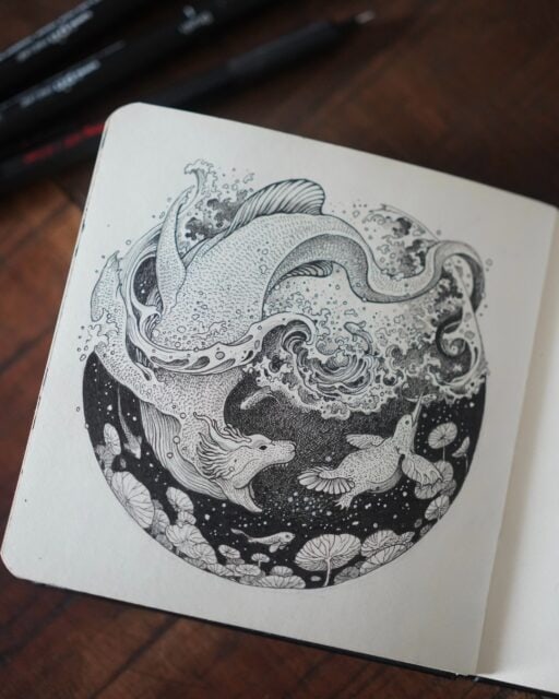 🌊🖋️ A World Where Nature Comes Alive 🖋️🌊

This extraordinary artwork by @kerbyrosanes blends wildlife, water, and imagination into one mesmerizing circular composition. A graceful whale rises through crashing waves while birds, fish, and delicate underwater life surround it, creating the feeling of an entire ecosystem contained within a single scene. The intricate stippling, fine linework, and deep black textures give the artwork incredible depth and atmosphere. ✨

Every detail feels intentional, from the movement of the waves to the tiny creatures hidden throughout the composition, making this a piece that rewards a closer look.

Why this artwork stands out:

1️⃣ Intricate storytelling — multiple elements come together to create one visual narrative
2️⃣ Detailed wildlife — animals are beautifully integrated into the flowing composition
3️⃣ Dynamic waves — creates movement, energy, and a sense of depth
4️⃣ Fine stippling and linework — incredible texture and craftsmanship
5️⃣ Monochrome atmosphere — dramatic, immersive, and beautifully expressive

Art by: @kerbyrosanes 🤍

#InkArt #WildlifeArt #LineArt #BlackAndWhiteArt #IllustrationArt #NatureArt #PenAndInk #DetailedArt #StipplingArt #ArtInspiration #HandDrawnArt #DoodleArt #CreativeDrawing #SurrealArt #ArtCommunity