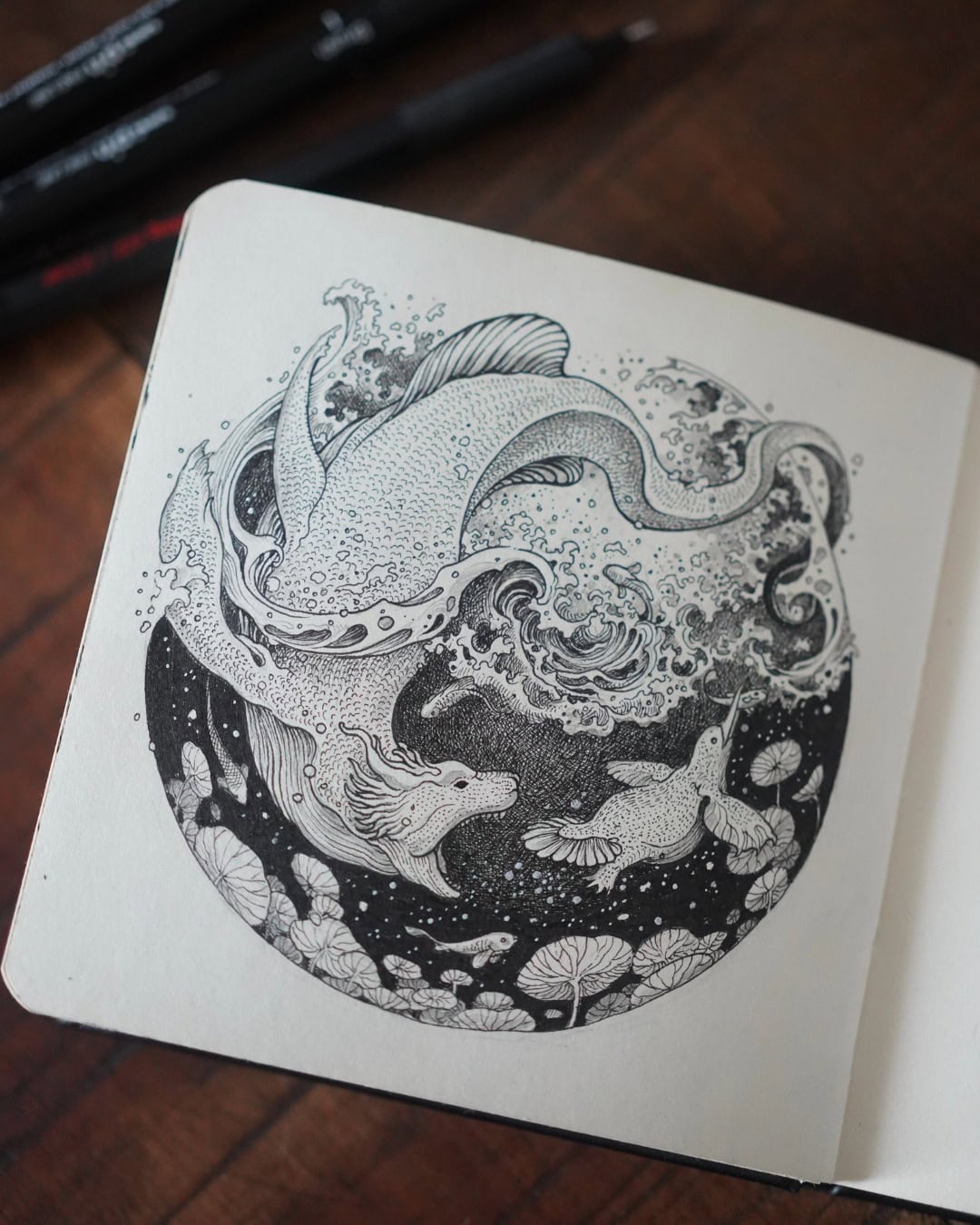 🌊🖋️ A World Where Nature Comes Alive 🖋️🌊

This extraordinary artwork by @kerbyrosanes blends wildlife, water, and imagination into one mesmerizing circular composition. A graceful whale rises through crashing waves while birds, fish, and delicate underwater life surround it, creating the feeling of an entire ecosystem contained within a single scene. The intricate stippling, fine linework, and deep black textures give the artwork incredible depth and atmosphere. ✨

Every detail feels intentional, from the movement of the waves to the tiny creatures hidden throughout the composition, making this a piece that rewards a closer look.

Why this artwork stands out:

1️⃣ Intricate storytelling — multiple elements come together to create one visual narrative
2️⃣ Detailed wildlife — animals are beautifully integrated into the flowing composition
3️⃣ Dynamic waves — creates movement, energy, and a sense of depth
4️⃣ Fine stippling and linework — incredible texture and craftsmanship
5️⃣ Monochrome atmosphere — dramatic, immersive, and beautifully expressive

Art by: @kerbyrosanes 🤍

#InkArt #WildlifeArt #LineArt #BlackAndWhiteArt #IllustrationArt #NatureArt #PenAndInk #DetailedArt #StipplingArt #ArtInspiration #HandDrawnArt #DoodleArt #CreativeDrawing #SurrealArt #ArtCommunity